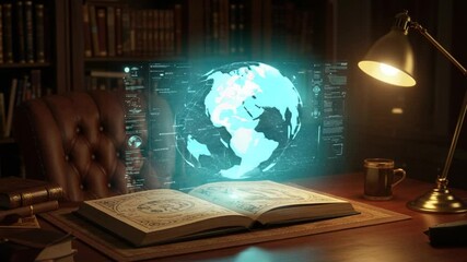 Futuristic workspace with holographic globe and book - Powered by Adobe
