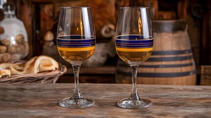 Two Glasses of Golden Drink on Rustic Wooden Table
