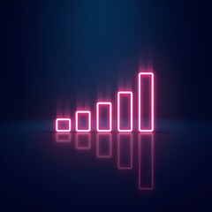 A digital art image shows a bar graph with an upward-pointing arrow, all rendered in a glowing blue hue against a dark background
