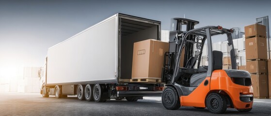 The forklift loading boxes into the truck at the logistics warehouse.