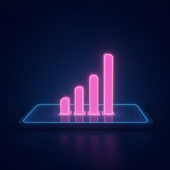 A digital art image shows a bar graph with an upward-pointing arrow, all rendered in a glowing blue hue against a dark background
