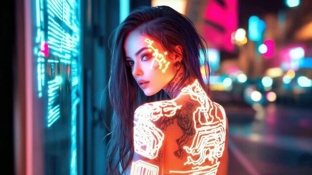 AI and beauty: a mesmerizing girl with technological implants and neon lighting. World of cyberpunk. Cyberpunk girl with neon glowing tattoos and eyes against the backdrop of an urban night landscape. - Powered by Adobe