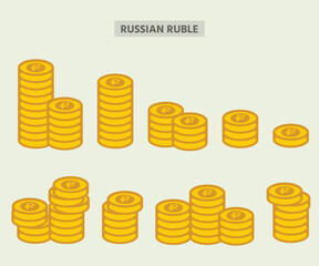 Russian ruble coin stack vector illustration, flat currency icon set for forex