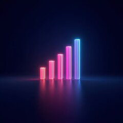 A digital art image shows a bar graph with an upward-pointing arrow, all rendered in a glowing blue hue against a dark background

