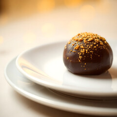 Delicious homemade chocolate desserts including candy and cake are served on a white plate