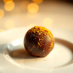 Golden Christmas balls adorn a plate of delicious chocolate cake and coffee