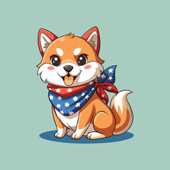 Cute Shiba Inu puppy wearing USA flag bandana biting mini American flag playful patriotic vector