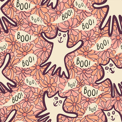 Vintage Beige White Halloween Flying Cat Ghosts on Peach Pink Retro Florals
