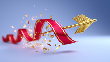 Ribbon breaking as arrow passes through represents success and reaching goals. Minimalist background highlights action and energy. Concept of sports, achievements, events