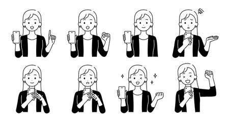 スマホを持つ女性のイラストセット	