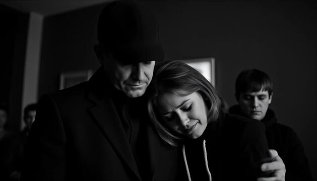 Man comforting woman in emotional grief with another man nearby  