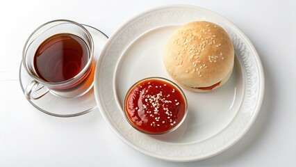 A white plate with a teacup, hamburger bun, and ketchup.
