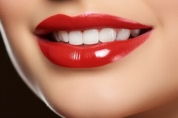 Fototapeta premium Perfect smile with white healthy teeth and red lipstick lips, dental care concept