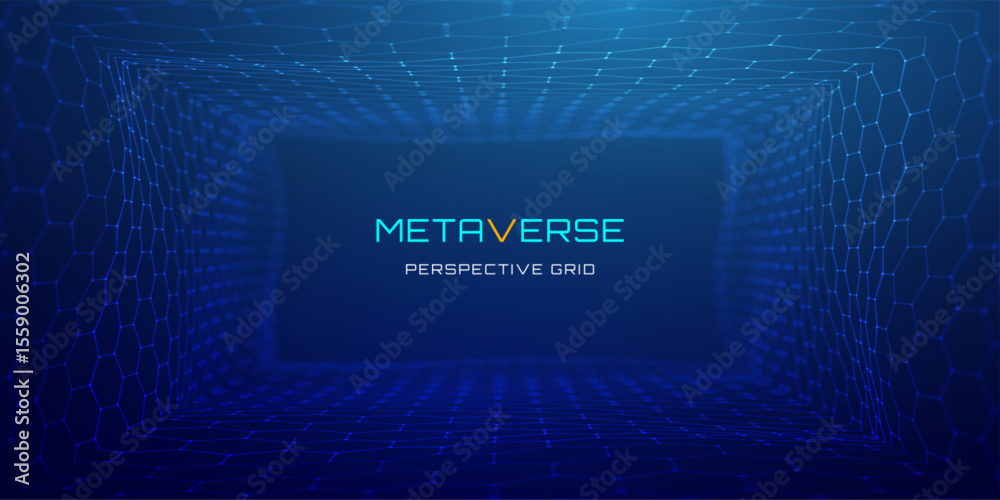 Poster 3d perspective grid with hexagon wireframe for metaverse and virtual room blue background. digital n