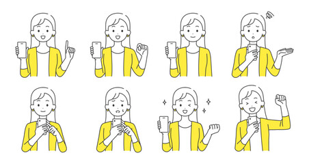 スマホを持つ女性のイラストセット	