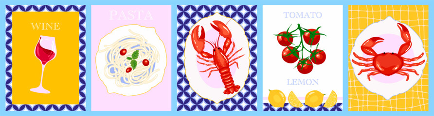  Set of Mediterranean colorful food elements themes poster, card or background design with wine, pasta, seafood, tomato, lemon and blue tile Illustrations. Italian food, culture, and travel themed 
