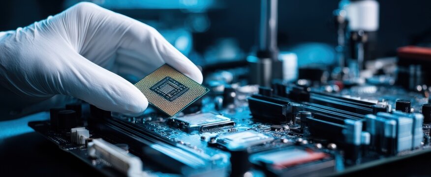 The technician installing a microprocessor on a modern computer motherboard.