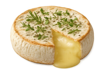 Creamy camembert wheel displaying herbal garnish, melting with rich texture against clean white backdrop