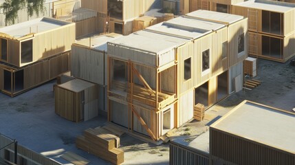 Modern Modular Architecture with Wooden Facade and Industrial Design in Urban Environment, Combining Sustainability and Aesthetic Appeal