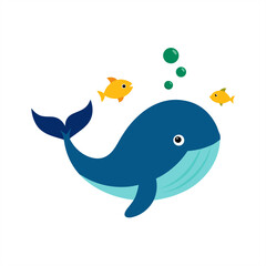 Cartoon whale and fish motif vector art on transparent background for web and graphic design