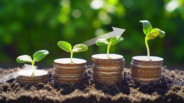Money Growth Concept Seedlings Growing on Coin Stacks with Animated Arrow, Investment, Financial Growth, Savings, Business