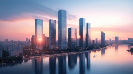 Fototapeta premium Stunning skyline of modern city with glass skyscrapers reflecting sunset over tranquil river and colorful clouds in a vibrant urban atmosphere