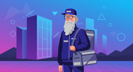 An elderly mailman with a long white beard stands confidently in a modern, abstract cityscape, ready to deliver important parcels.