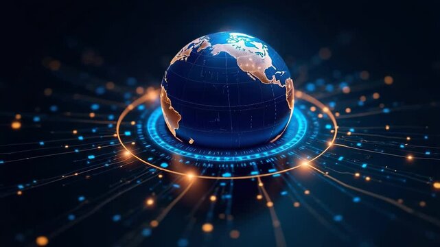 A digital globe with glowing connections and data points. The globe shows North and South America, surrounded by a network of light.