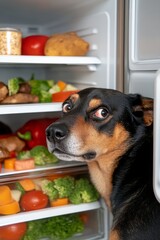 Dog looking guilty from behind the open refrigerator door filled with food, humorous and relatable scene