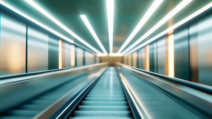 Empty escalator in a glowing hallway with soft light and liminal atmosphere, evoking an endless loop and surreal calm