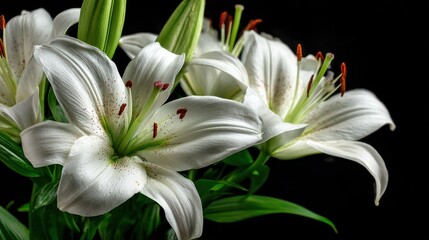 Fresh white lilies with delicate petals and vibrant stamens stand out against a dark background, highlighting their natural elegance and tranquil beauty. © mila103