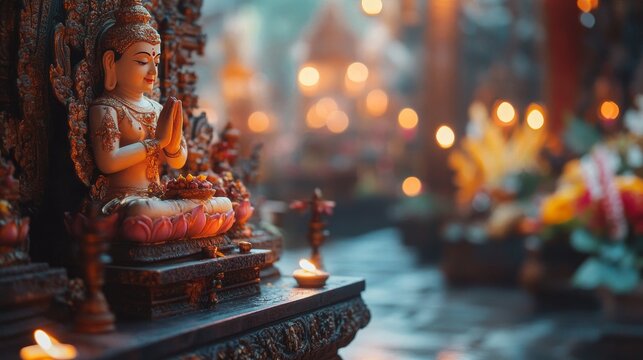 A serene Buddha statue with hands in prayer sits on a carved pedestal, surrounded by soft glowing lights and blurred floral offerings in a tranquil temple setting. - Powered by Adobe