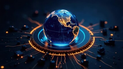 A digital globe with illuminated continents and circuit patterns. The background is dark, emphasizing the glowing elements of the globe and technology. - Powered by Adobe