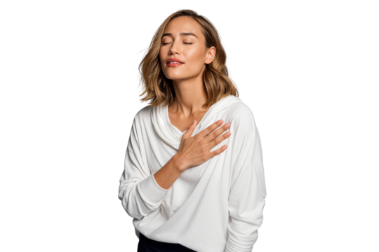 Portrait of a serene woman with eyes closed and hand on chest, expressing peace and gratitude. Dressed in white, isolated on transparent background