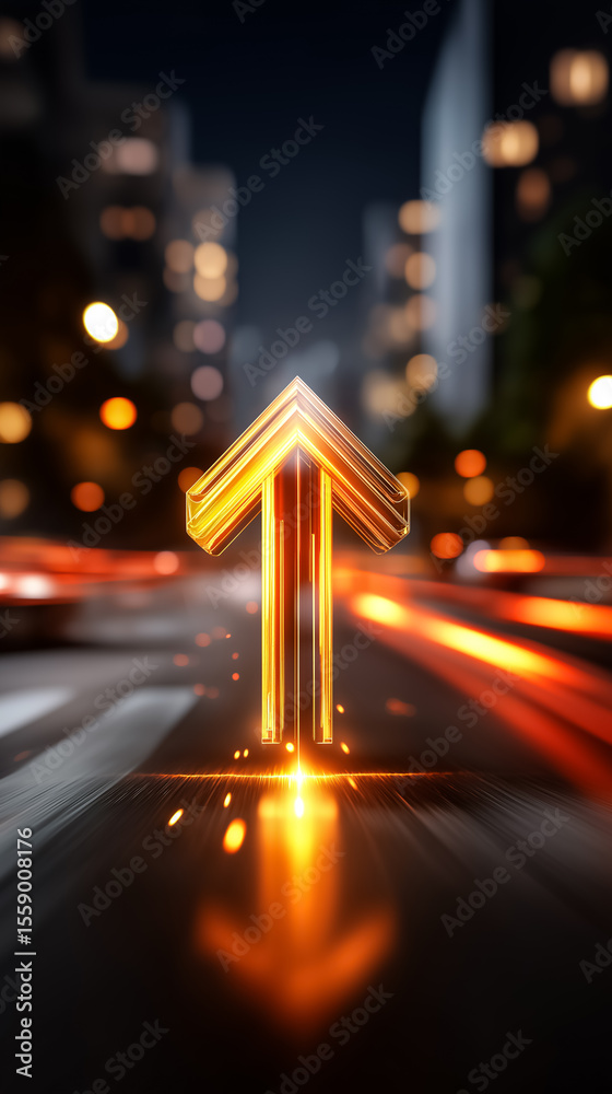 Poster upward pointing arrow composed of light trails moving through dark space. glowing dynamic compositio
