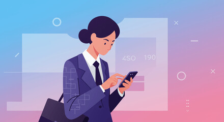 a woman in a suit and tie is using her phone. Suitable for landing page, banner, marketing, web design, presentation, infographic, etc.
