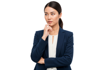 Young businesswoman thinking and looking away while analyzing or solving a problem. Isolated on transparent background