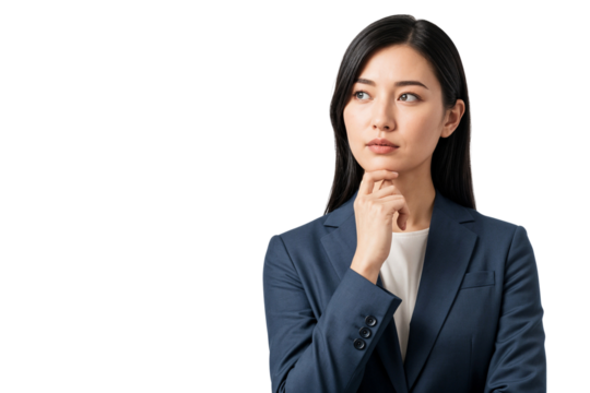Asian businesswoman in formal suit thinking with hand on chin, looking away thoughtfully