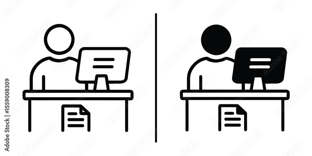 Poster desk worker icon set: a versatile icon set featuring two variations of a person seated at a desk wor