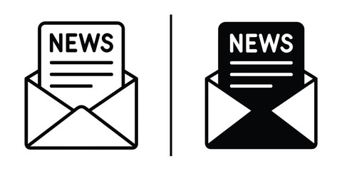 Email News Bulletin: Two email newsletter icons in white and black showcasing news, vector graphic for online updates.