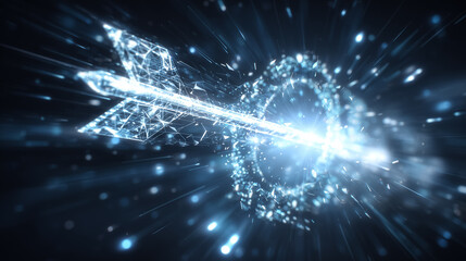 Illustration of arrow breaking through glass ceiling with glowing shards. Dynamic setting with light burst at center. Concept of innovation, empowerment, technology advancement