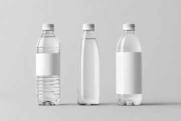 Three clear plastic water bottles with blank white labels, varying in height and shape, stand against a neutral gray background