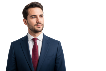 Confident and handsome young businessman in a navy suit with red tie, looking away thoughtfully. Professional portrait isolated on transparent background