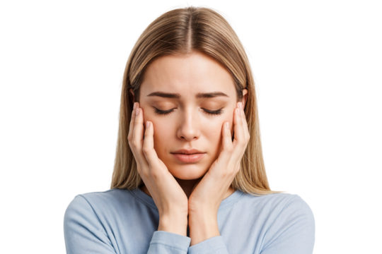 Frustrated young woman with closed eyes and hands on face, expressing stress or mental exhaustion. Concept of overthinking, burnout, or emotional fatigue