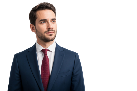 Confident and handsome young businessman in a navy suit with red tie, looking away thoughtfully. Professional portrait isolated on transparent background