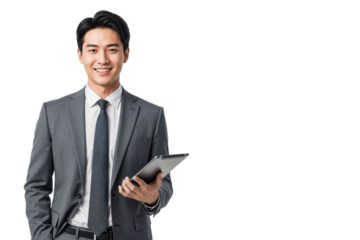 Smiling young businessman in a gray suit holding a tablet. Business and technology concept