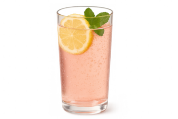 Glass of sparkling pink lemonade garnished with a fresh lemon slice and mint leaves, isolated on a transparent background