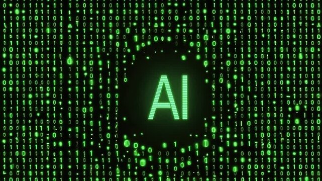 Green binary code background with glowing AI text in the center. Represents artificial intelligence and technology concepts.
