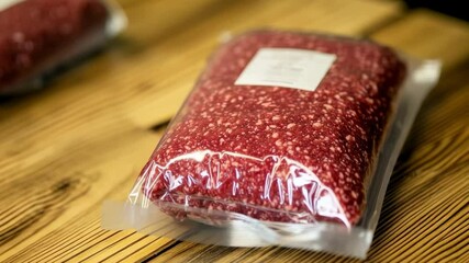 Quality ground beef packaged neatly on wooden surface ready for cooking or meal preparation at local market