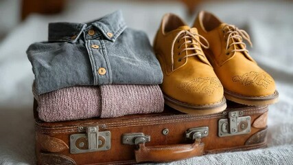 Packing stylish clothing and shoes in a vintage suitcase for a weekend getaway
